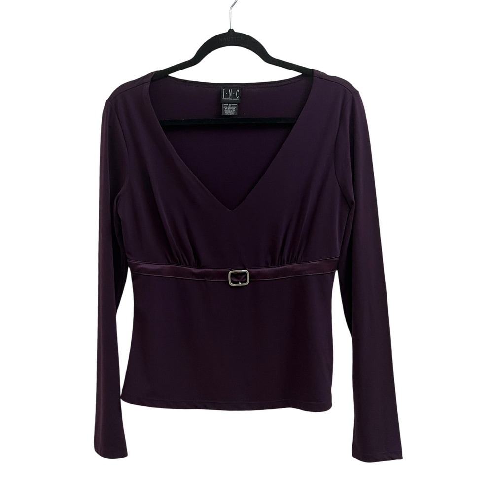 Top Long Sleeve Y2K INC Women Medium Purple V-Neck Buckle Empire Waist